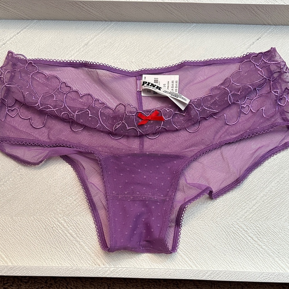 Five pieces .PINK Victoria's Secret Purple Heart Mesh Panties , five pieces .